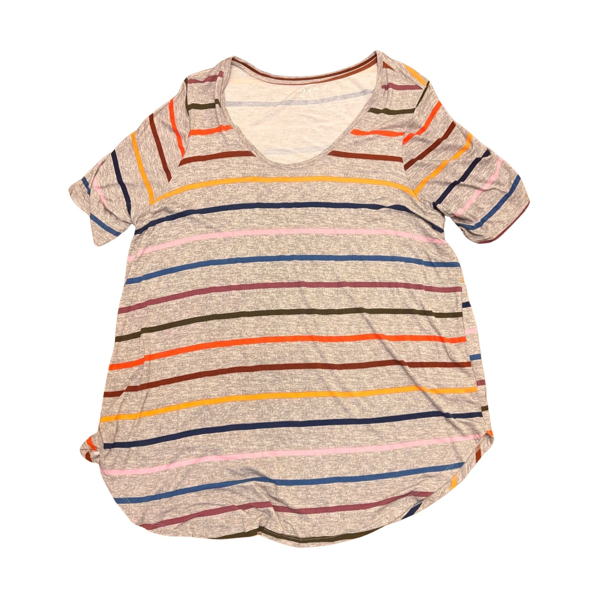 Maurices 24/7 Gray Multicolor Striped Short Sleeve V-Neck T-Shirt Size 2x